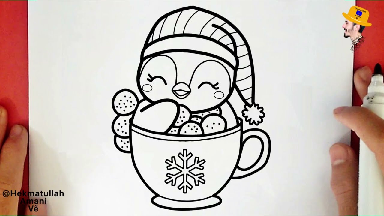 Cách vẽ chim cánh cụt dễ thương trong ly cacao nóng | Hướng dẫn vẽ đơn giản