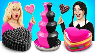 Tantangan Makanan Addams Wednesday vs Barbie! Hanya Warna Pink vs Hitam 24 Jam oleh YUMMY JELLY