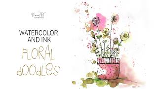 Ink and watercolor floral doodle illustration for beginners