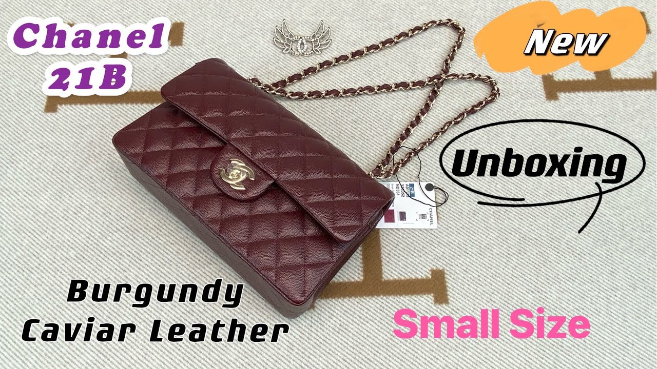 Chanel 21B Burgundy Caviar Leather Small Size Classic Flap with Champagne Gold  Hardware 