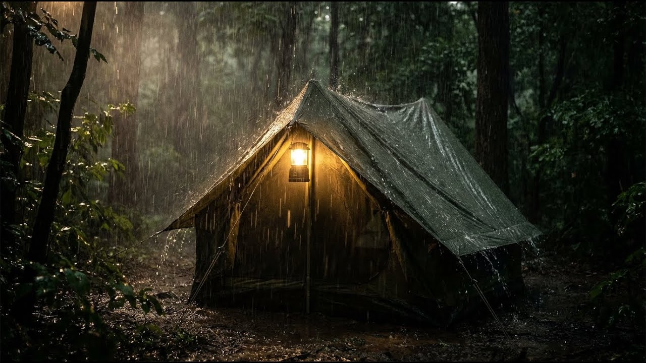 Heavy Rain on Tent Roof in Dark Forest | Deep Sleep Camping Ambience, Cozy Forest Sleep Ambience