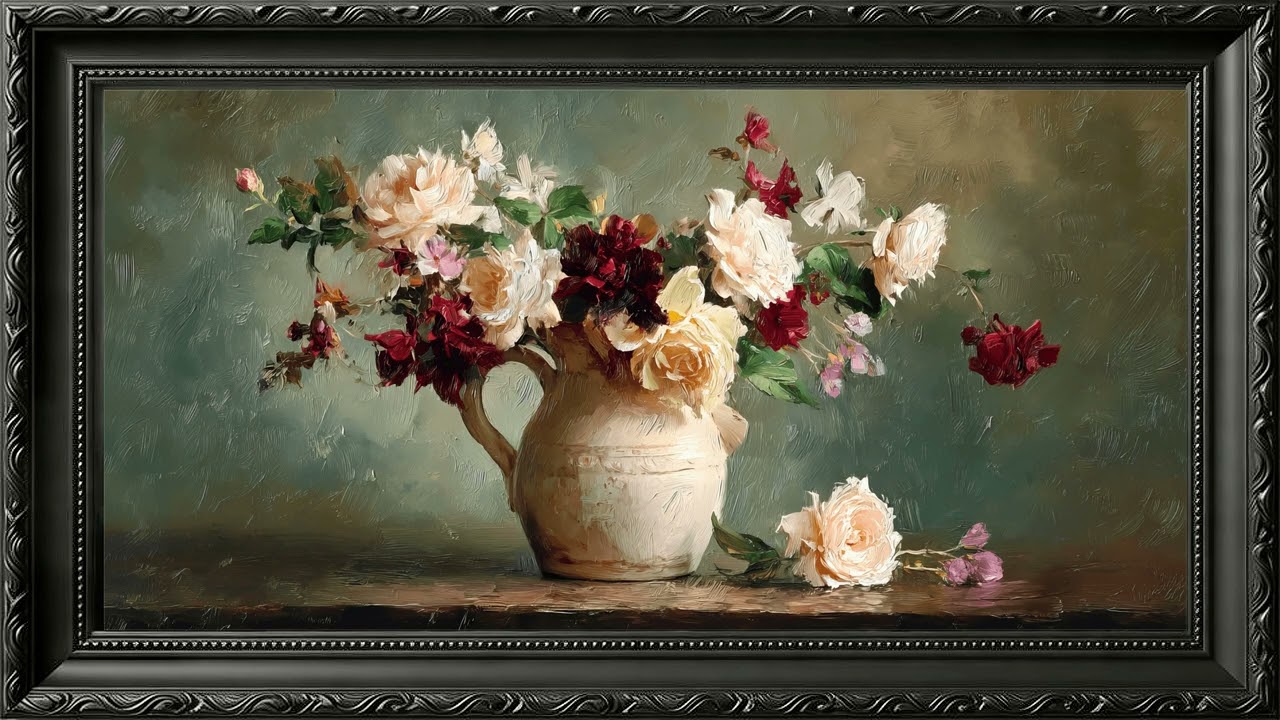 Classic Still Life Oil Painting: Rustic Jug of Garden Roses