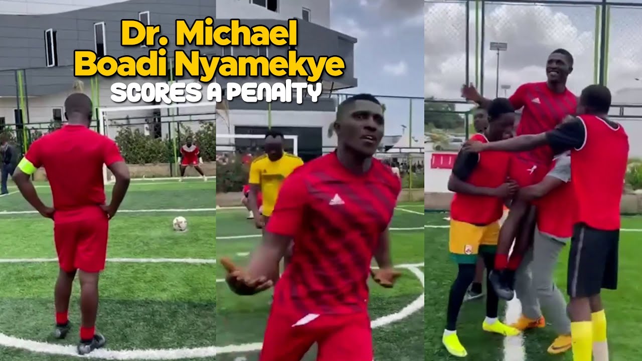 The Makers house Chapel founder Dr. Michael Boadi Nyamekye scores a penalty kick for his team