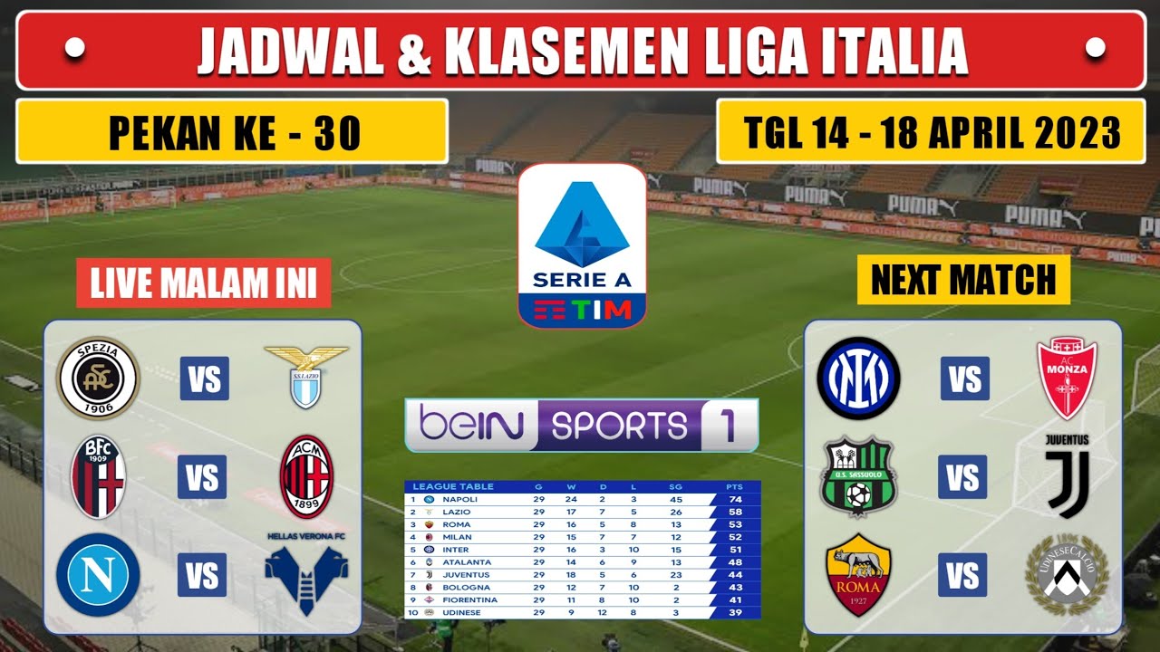 Jadwal liga italia malam ini BOLOGNA vs MILAN SASSUOLO vs JUVENTUS