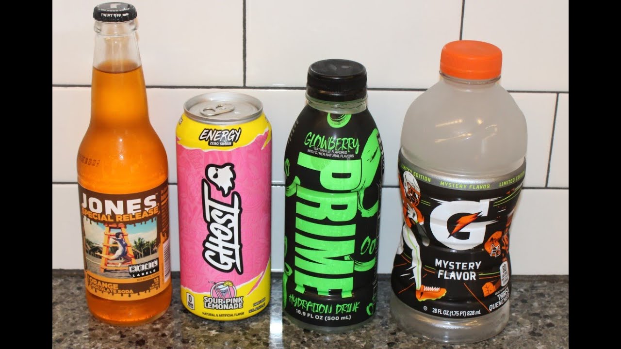 Jones Orange Chocolate Soda, Ghost Sour Pink Lemonade, Glowberry Prime