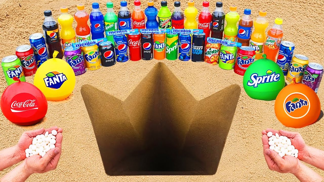 Big Toothpaste Eruption from Crown pit, Coca Cola, Different Fanta, Pepsi, Mtn Dew, Coke and Mentos