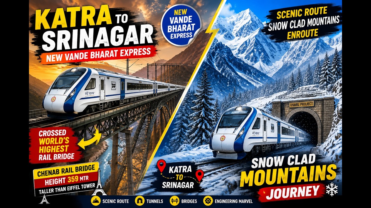 Thumbnail for KATRA TO SRINAGAR in JUST 3 HOURS! | Vande Bharat Experience | SNOW CLAD MOUNTAINS & CHENAB BRIDGE