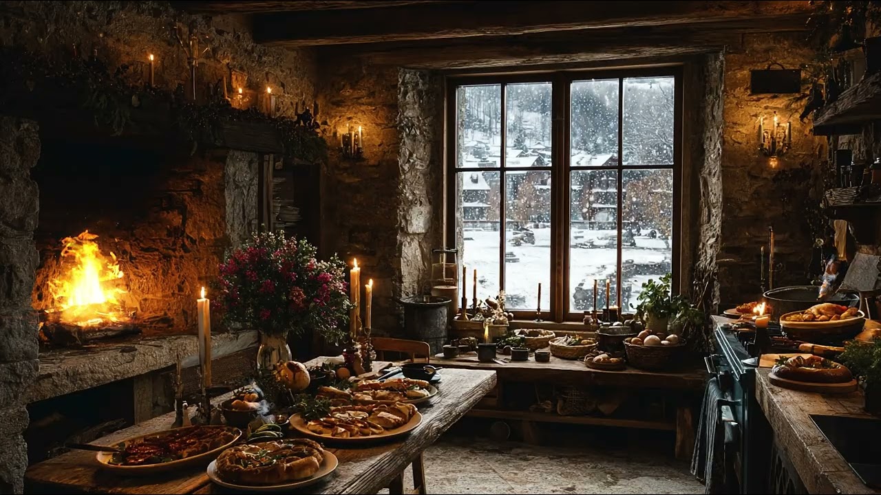 Peaceful Rustic Kitchen Night 🍲🔥 Fireplace Sounds for Relaxation & Deep Sleep