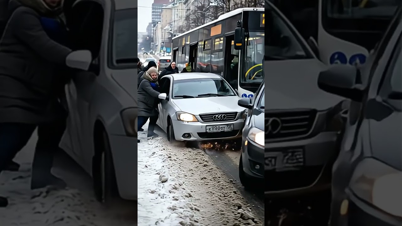 Shocking Moment! Bus Loses Control on Snow and Kisses a Car 😱💥 
