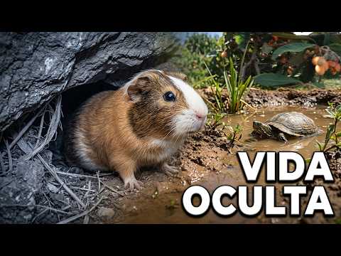 The guinea pigs in their cave and the turtles in their pond