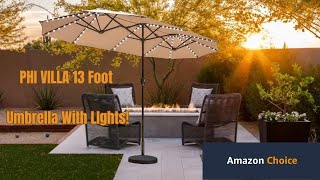 PHI VILLA Large 13 Foot Umbrella with Solar Lights & 120 Piece LED Lights You've Been Waiting for