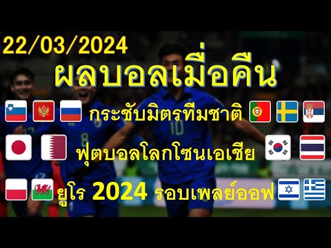 ผลบอลเมื่อคืน 22/03/2024 ฟุตบอลโลกโซนเอเชีย/ยูโร2024เพลย์ออฟ/กระชับมิตรทีมชาติ