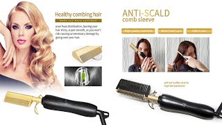 Hair Straightener 2 IN 1 Gold Ceramic Heating Comb Hair Waver Curling Iron Brush