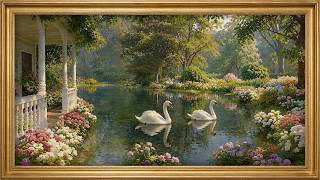 Elegant Swans in Flower Garden Pond | Dreamy Romantic Landscape | Luxury Gold Frame TV Art 4K screenshot 5