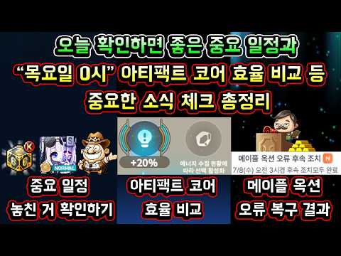 [메이플스토리 맑음] 오늘 확인하면 좋은 중요 일정과 / 목요일 0시부터 지급되는 아티팩트 코어 효율 비교 등 / 중요한 소식 체크 총정리