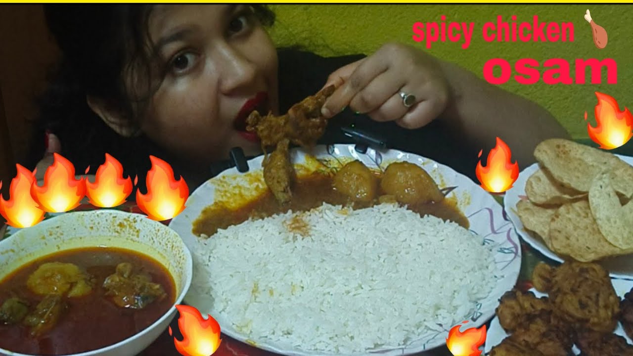 BIG BIGHT SPICY 🔥 CHICKEN CURRY , PEAJ POKORA, PAPOR FRY #foodeating #asmreating #eating #food