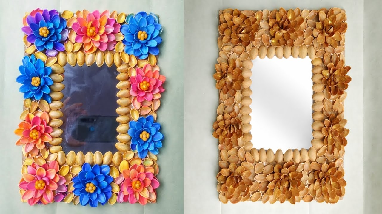 Wall mirror decor ideas | Easy and beautiful mirror frame craft with pista shell #pistashellcraft 