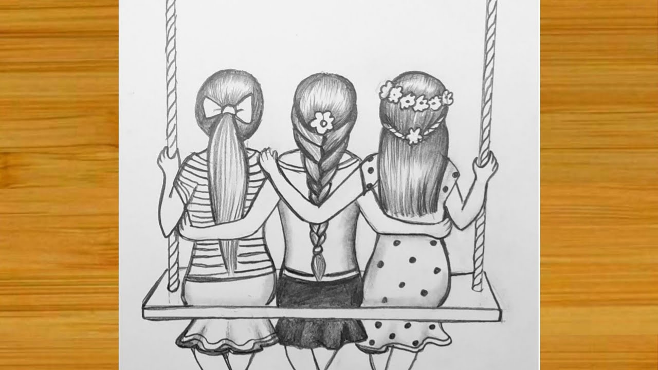 Drawing Sadness Sad Girl Photography Tumblr Black White - Sketch Of 3 Best  Friends, HD Png Download - kindpng