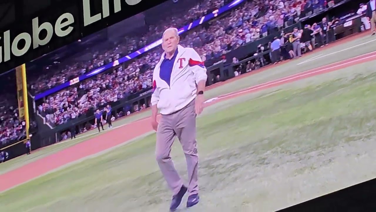 President George W Bush Pudge Rodriguez ceremonial 1st pitch World Series Game 1 10/27/23 TX Rangers
