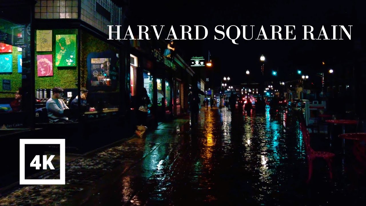4K | Walking in Rain at Night Harvard Square Cambridge | ASMR City Sounds Boston