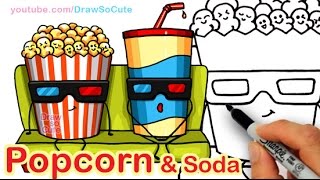 How to Draw Cartoon Popcorn and Soda step by step Easy Cute Snacks