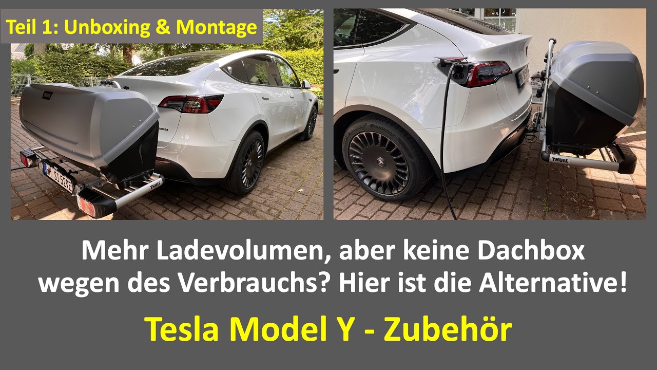Tesla Model Y - mit Dachbox und Fahrradträger zum Familien - Reise