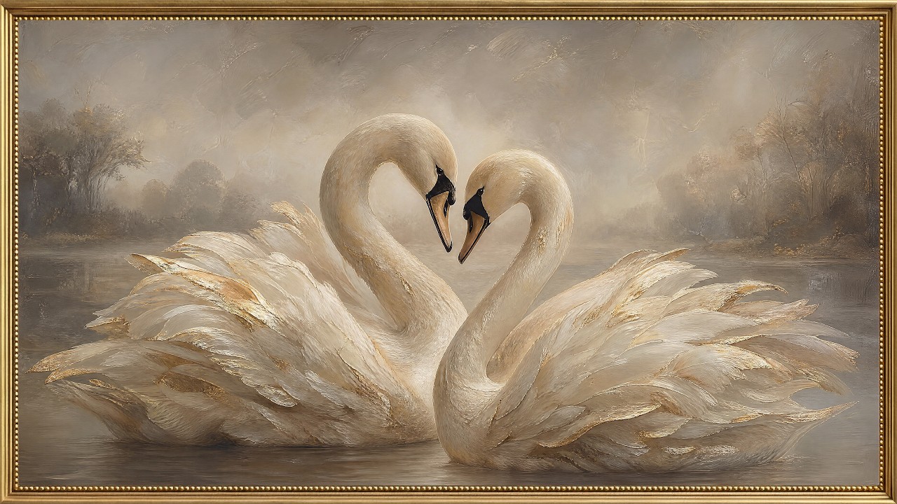 Vintage Gold Swan Lake Painting | Luxury Gold Frame TV Art