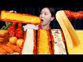 Mukbang asmr spicy  long fire noodles wraps  giant cheese fondue fried chcicken recipe ssoyoung
