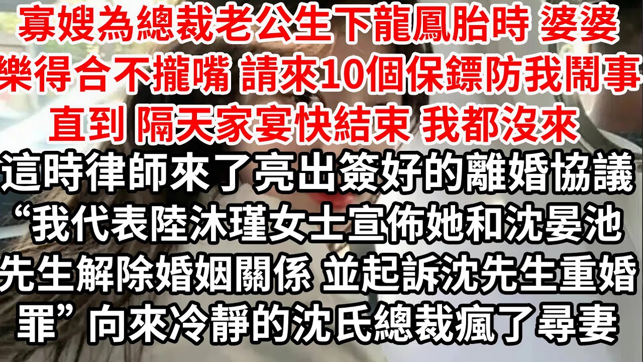 寡嫂為總裁老公生下龍鳳胎時 婆婆請來10個保鏢防我鬧事，直到第二天家宴結束我都沒來 這時律師來了亮出簽好的離婚協議“我代表陸沐瑾女士，宣佈她和沈晏池先生解除婚姻關係”