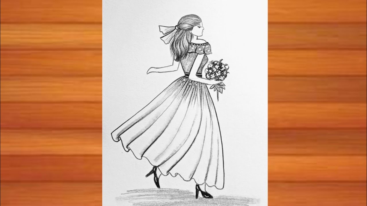 How to draw a girl wearing beautiful dress / pencil drawing step by ...