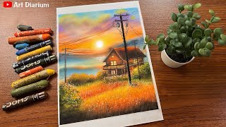 Sunset Power-lines Scenery Drawing with Oil Pastel - Step by Step