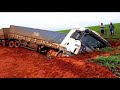 Extremely Dangerous Truck Driving Skills ! Truck Crossing Muddy Road & River
