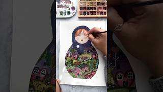 Dreamy matryoshka in enchanted forest of hearts, happy valentine’s, watercolor by Mayo Moreno