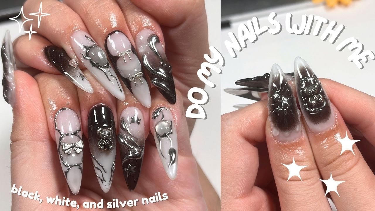 do my nails with me ⋆.˚✮🎧✮˚.⋆ black and white silver nails, 3D art, chrome, cateye, no talking, asmr