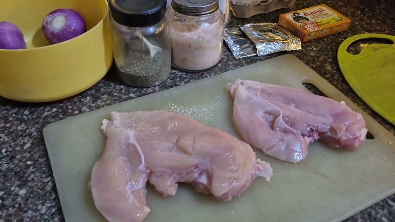 CHICKEN STEAK WITH BARBEQUE SAUCE  , BREAD , MASHED POTATO ,BOILED EGG MAKING FOR DINNER