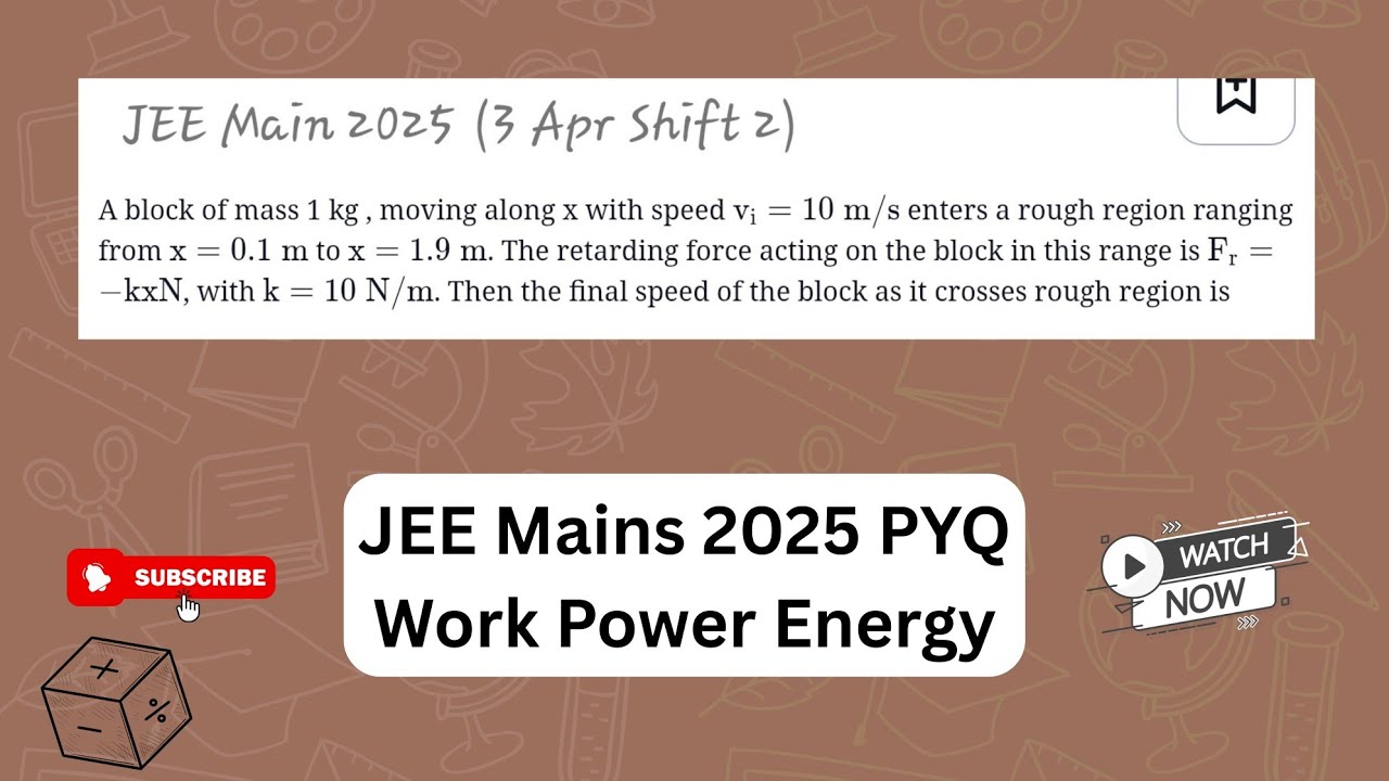 A block of mass 1 kg, moving along x with speed vᵢ =10 m/s enters a rough region ranging from x=0.1