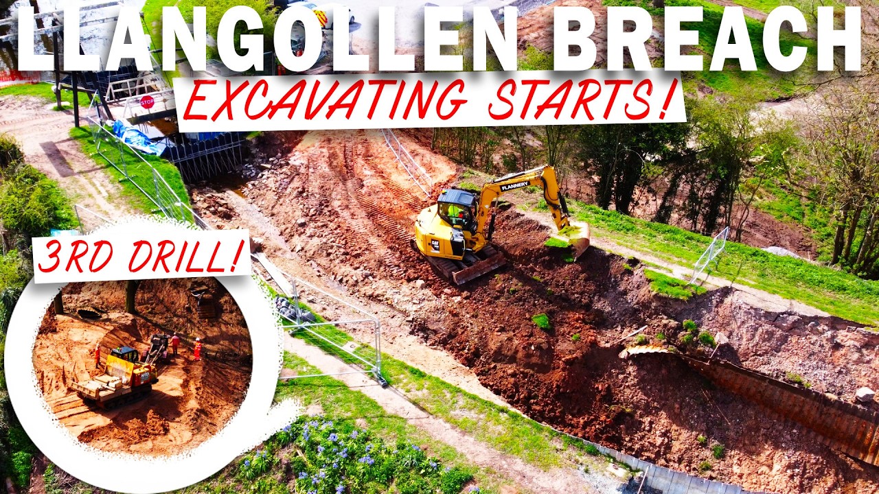 EXCAVATING LLANGOLLEN CANAL BREACH BEGINS! & THIRD DRILLING RIG! LATEST UPDATE