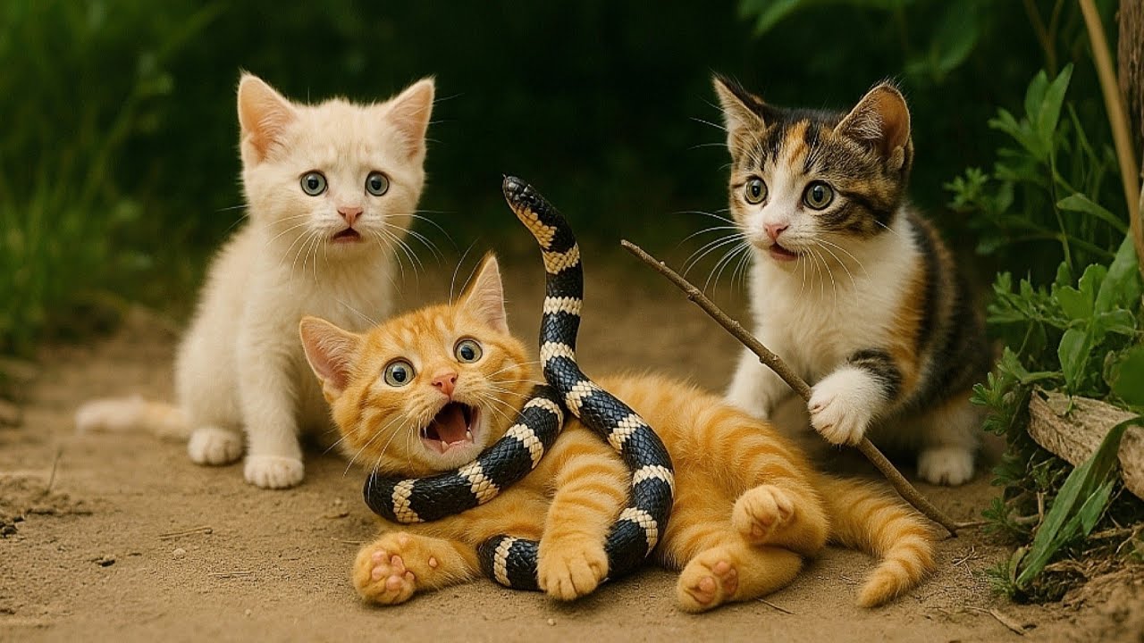 Smart Tiger-hat Ginger Kitten Was Attacked By A Snake, Mama Cat And Good Friends To Rescue It 