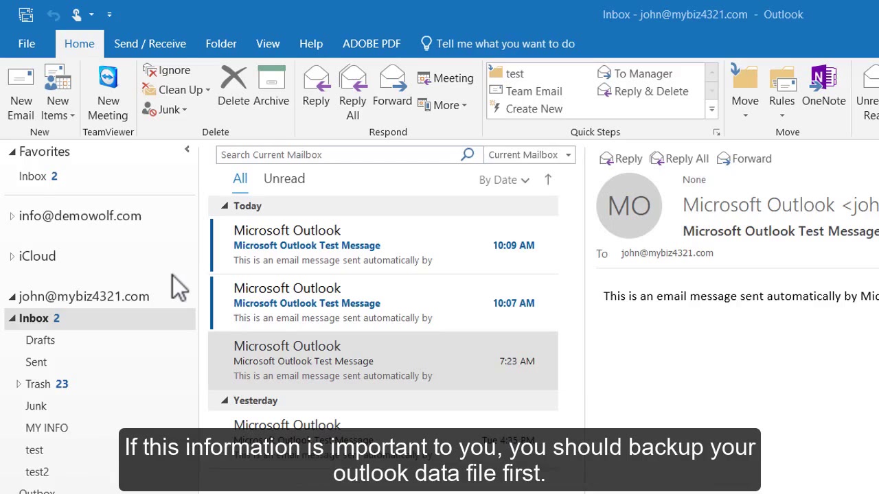 How to delete an email account in Outlook 2016.