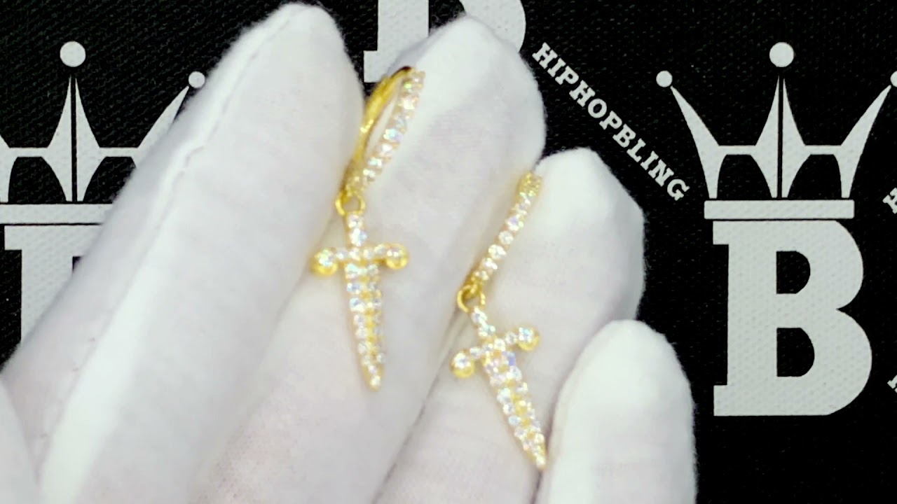 Gold Sword Dangling Hoops CZ Iced Out Earrings .925 Sterling Silver