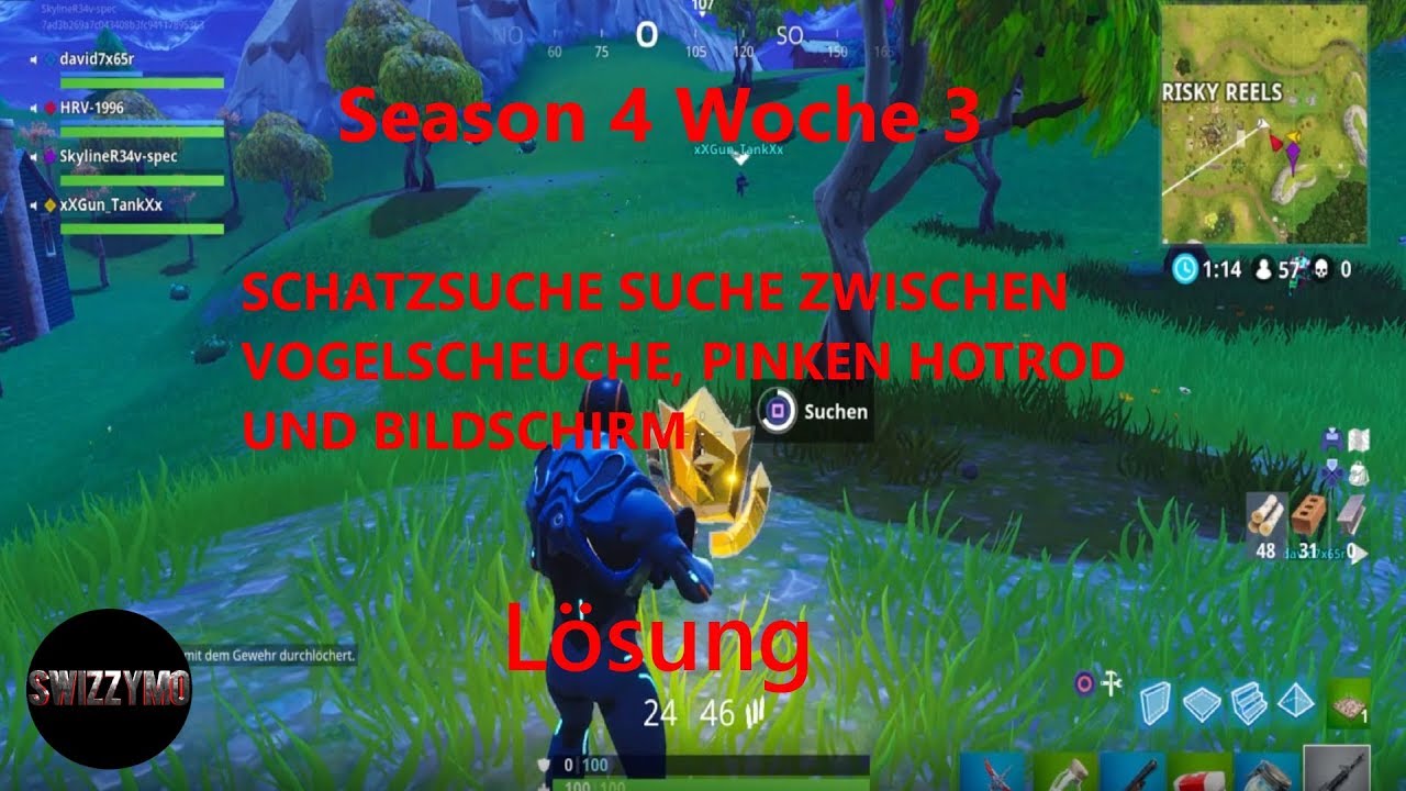 fortnite season 4 schatzsuche woche 2 losung vogelscheuche pinken hotrod grossen bildschirm - fortnite woche 2 vogelscheuche
