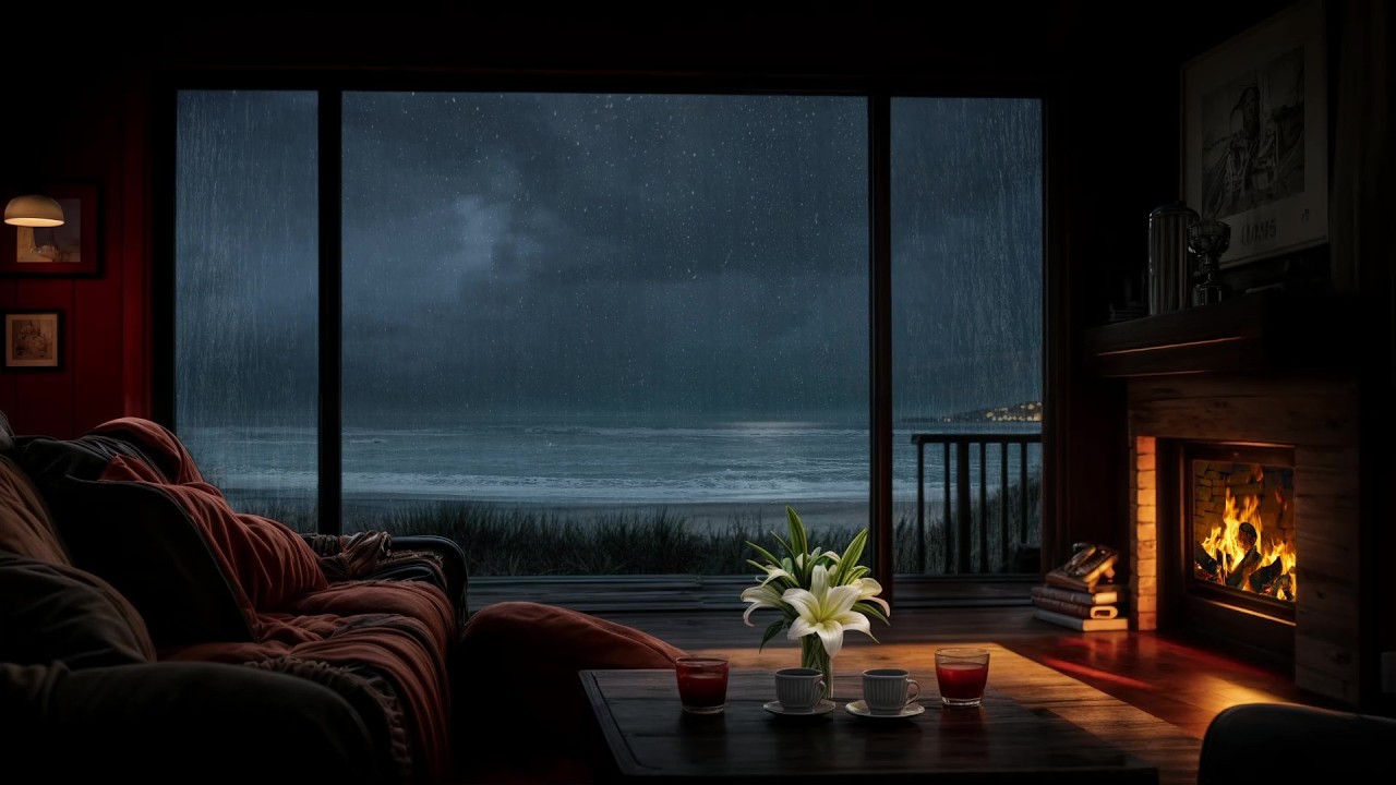 Fall Asleep in 5 Minutes (No Ads)✨Cozy Ocean Rain & Warm Fireplace Ambience for Sleep, Stydy, Relax