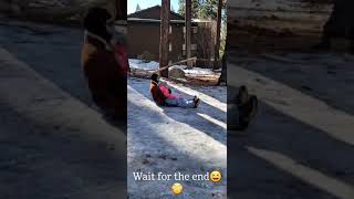 Guy goes down hill on sled with his daughter on his lap then dog jump on little girl