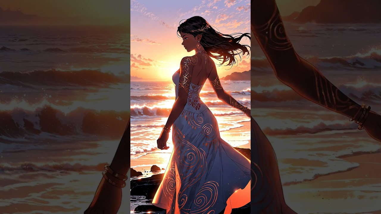 Anime style images of Hine Titama. Maori goddess of the dawn sky.