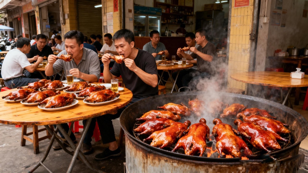 广东中山古法酒缸荔枝柴烧鹅，60天鹅一只3斤半190元，只用马冈鹅，吃鹅要配油盐饭【舟小九】