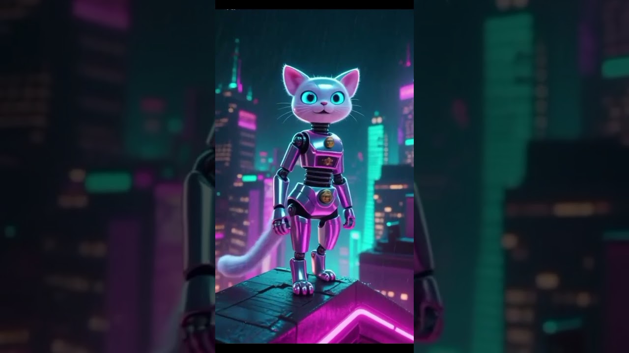 Shiny robot cat with LED eyes, futuristic cyberpunk city neon reflections, ultra detailed. 