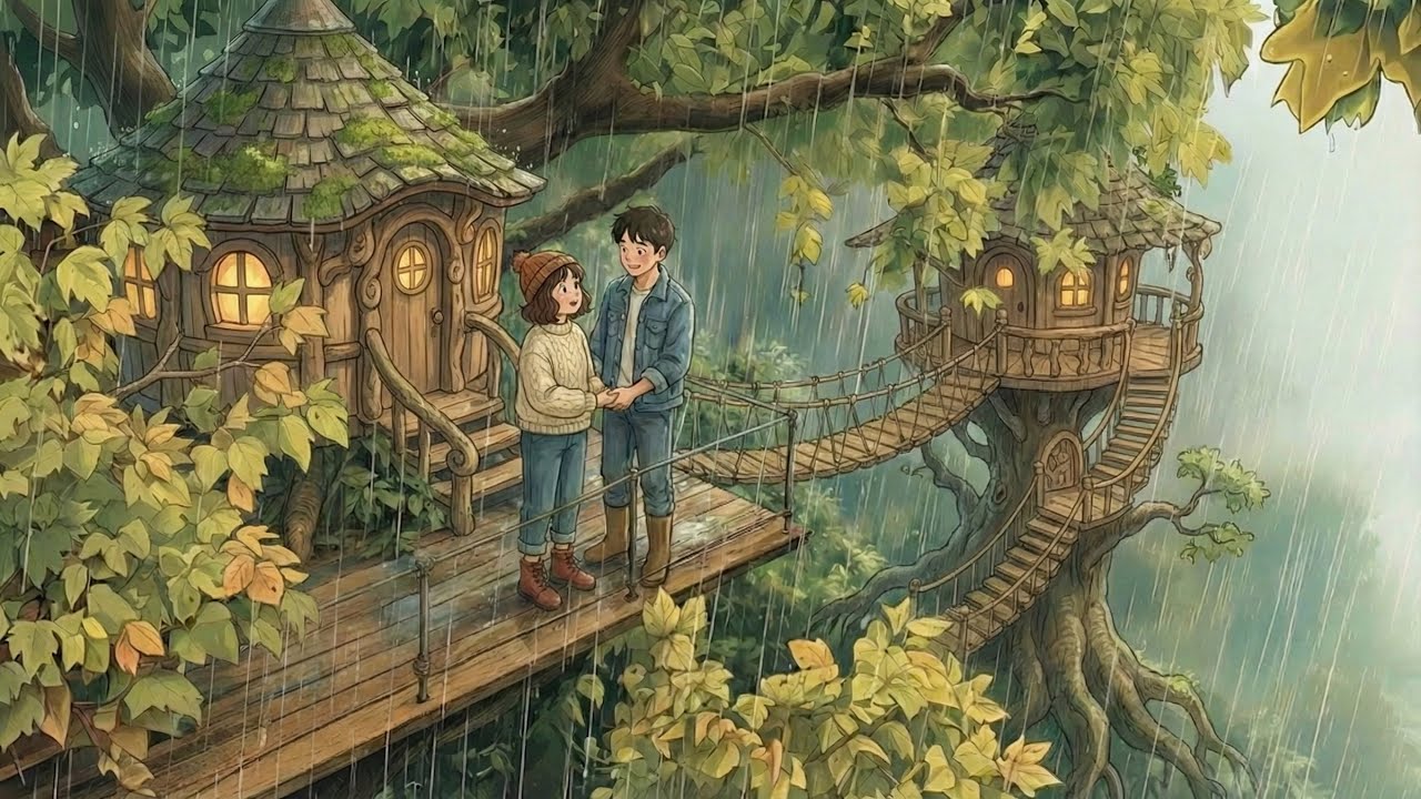 Living Together in a Secret Treehouse | ASMR Sounds of Rain and Forest Life | Ghibli movies