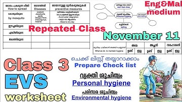 Class 3 EVS worksheet november 11 English and Malayalam medium | std 3 evs worksheet november 11