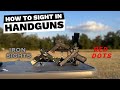 How to sight in iron sights and red dots on your handgun. Velocity test on ported 43x, 17L, 34.