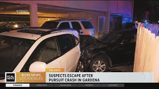 Stolen vehicle that led Gardena police on a pursuit crashes into carport